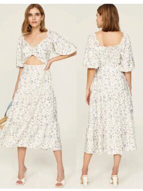 MINKPINK Hailey Floral Puff Sleeve Cutout Midi Dress Off-White Purple